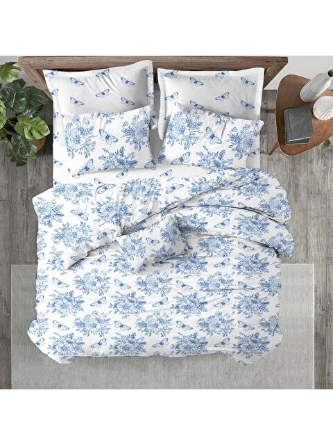 Evmila Kelebek Desen Baskılı Çift Kişilik 200x220 cm 2 Adet 50x70 cm Nevresim Takımı - Mavi Beyaz - S000130732-23173