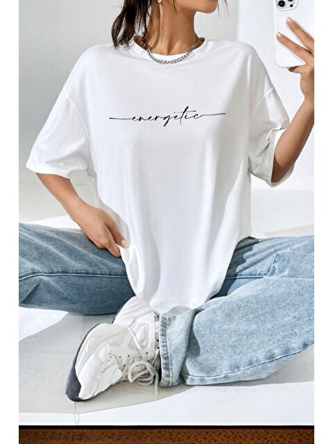 Oksit Energetic Ön Baskılı Bisiklet Yaka Kadın Oversize Tshirt - S000152069-20063