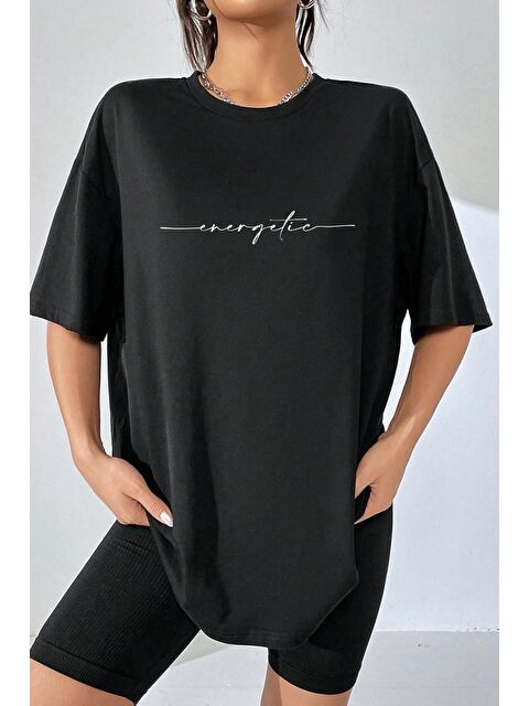Oksit Energetic Ön Baskılı Bisiklet Yaka Kadın Oversize Tshirt - S000152069-19351