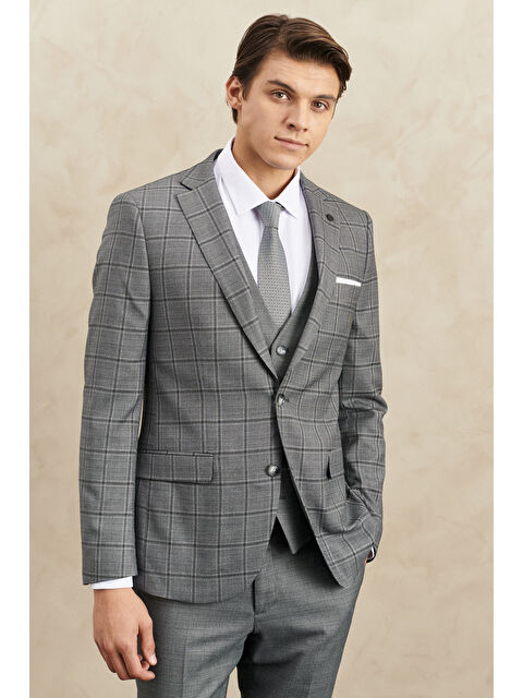 Altınyıldız Classics Erkek Gri Slim Fit Dar Kesim Mono Yaka Kareli Yelekli Klasik Takım Elbise - S000403708-20600
