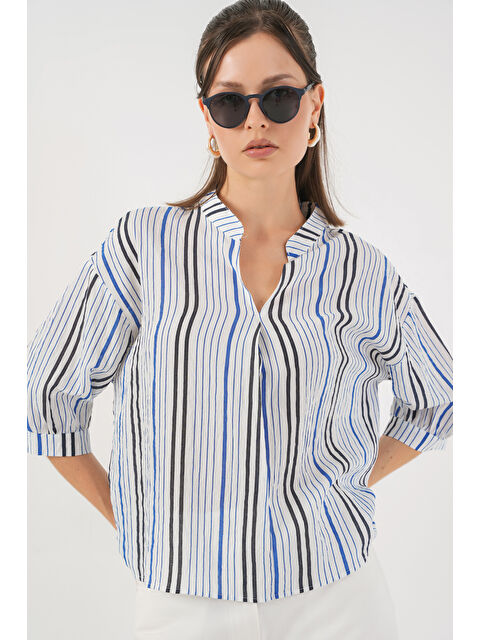 Bigdart Kadın Çizgili Oversize Bluz 967 - Lacivert - S000422769-21164