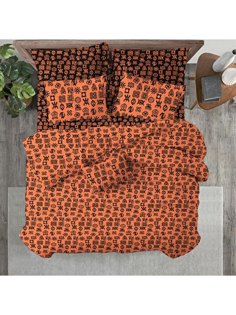 Evmila Modern Desen Baskılı Çift Kişilik 200x220 cm 2 Adet 50x70 cm Nevresim Takımı - Turuncu Siyah - S000130733-23173