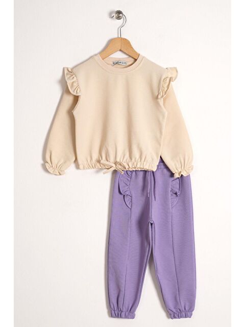 Zepkids Bisiklet Yaka Uzun Kol Pantolonu Dikiş Detaylı Bej-Lila Renk Kız Çocuk Esofman Takım - S000355857-37212