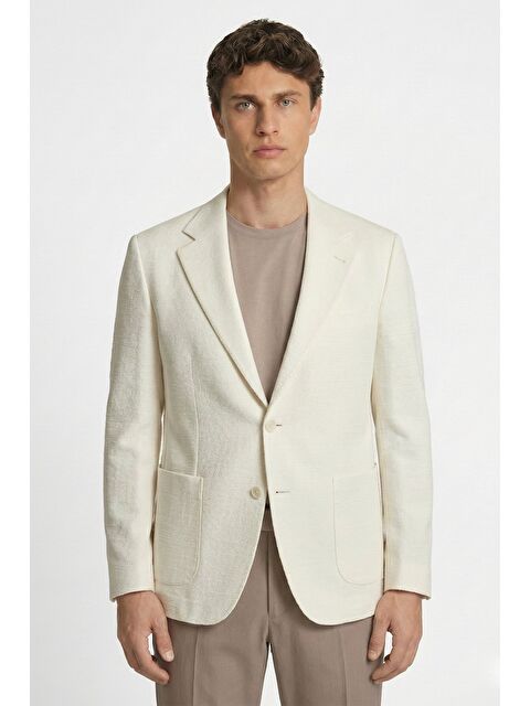 Sabri Özel Giotelli Krem Roma Kalıp Armürlü Mono Yaka 6 Drop Yarım Astarlı Erkek Ceket - S000525083-19966