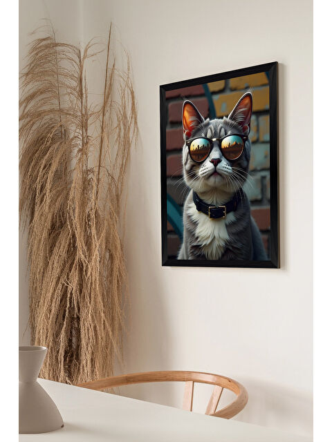 Artavessa Tek Parça Siyah Çerçeve Görünümlü Kedi Baskılı MDF 48x33 cm Tablo - Model 29