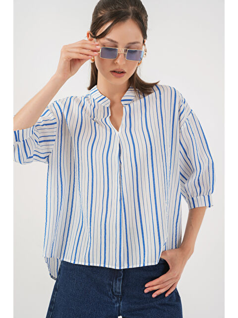 Bigdart Kadın Çizgili Oversize Bluz 967 - Mavi - S000422769-17234