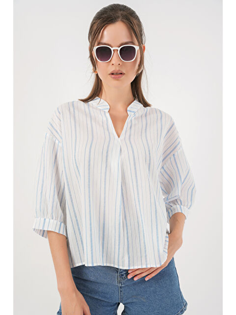 Bigdart Kadın Çizgili Oversize Bluz 967 - A.Mavi - S000422769-17437