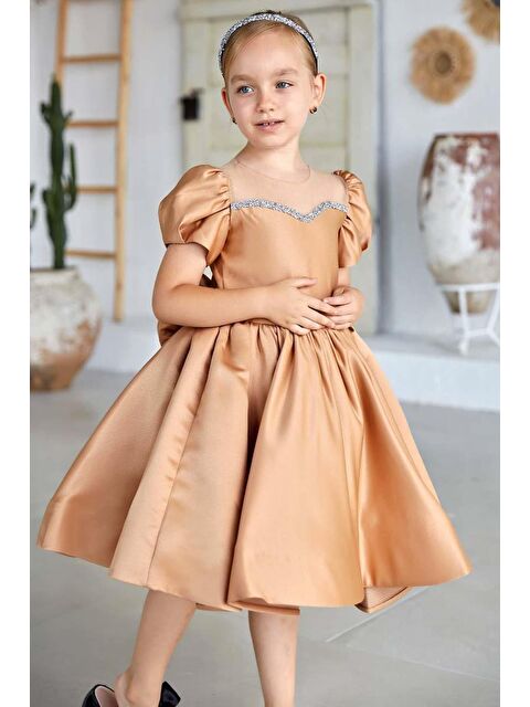 Riccotarz Kız Çocuk Yakası Taş Şerit İşlemeli Şeffaf Tül Detaylı Balon Kollu Kahverengi Saten Abiye - S000350943-19413