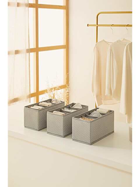 Ocean Home Textile 3'lü Bölmeli Gri Balıksırtı Çekmece İçi Düzenleyici Kutu Set 13 x 28 x 13 cm - S000238548-20600