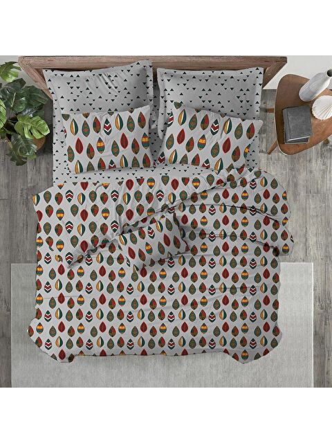 Evmila Yaprak Desen Baskılı Çift Kişilik 200x220 cm 2 Adet 50x70 cm Nevresim Takımı - Gri - S000130734-23173
