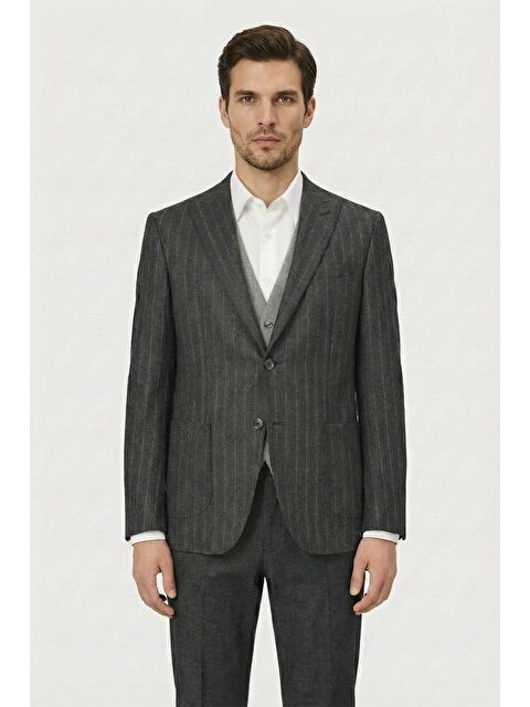 Sabri Özel Giotelli Erkek Antrasit Roma Kalıp Çizgili Sivri Yaka 6 Drop Astarsız Standart Boy Ceket - S000525087-29666