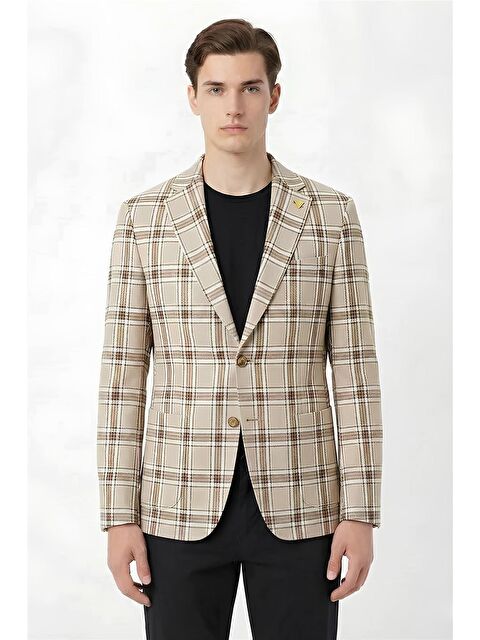 Sabri Özel Giotelli Kahve Ekose Mono Yaka Comfort Kalıp 6 Drop Kemerli Bel Astarsız Erkek Ceket - S000525088-19413