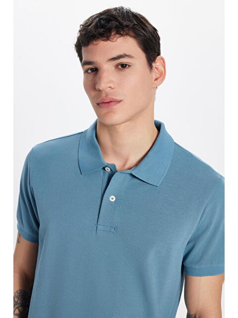 TUDORS Erkek Slim Fit Dar Kesim %100 Pamuk İndigo Polo Yaka Tişört
