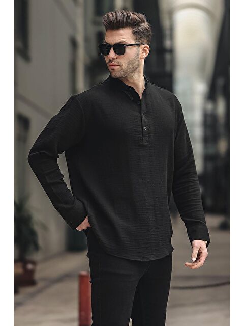 Madmext Erkek Siyah Müslin Uzun Kollu %100 Pamuk Gömlek 6742 - S000191767-19351