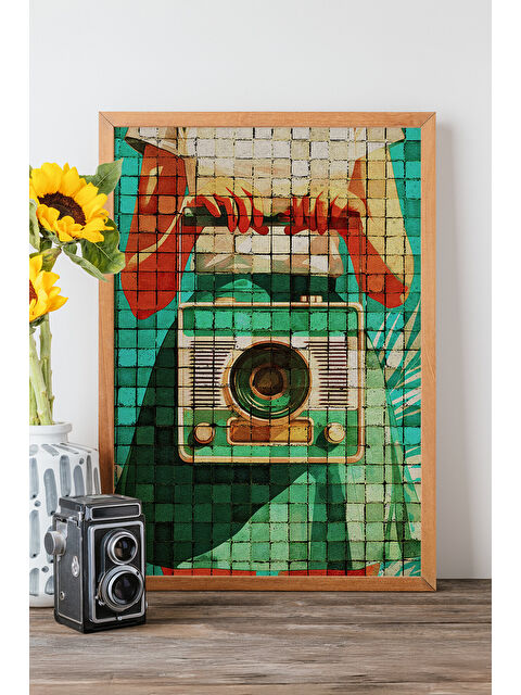 Artavessa Tek Parça Gerçek Ham Ahşap Çerçeveli Popart Mosaic Çizgili Tablo - Model 11 - POPMOSAIC11-3348