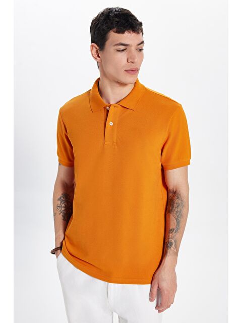 TUDORS Erkek Slim Fit Dar Kesim %100 Pamuk Turuncu Polo Yaka Tişört