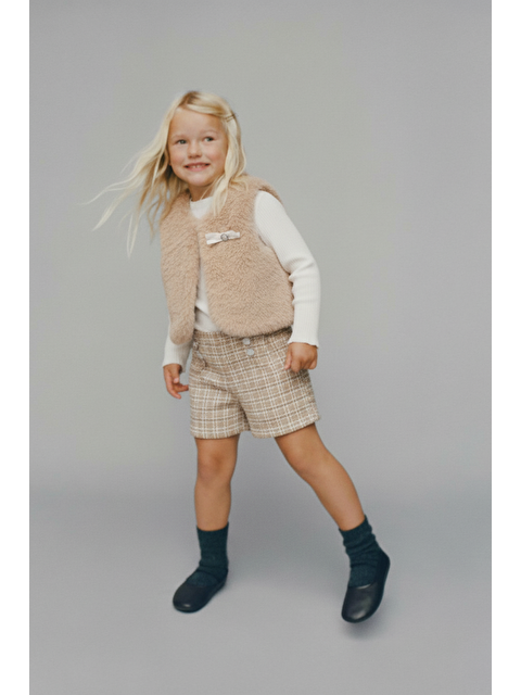 Magu Kız Çocuk Pelüş Yelekli Ekose Şort Takımı – Pamuklu Uzun Kollu Üstlü 3'Lü Kombin - S000492027-19928