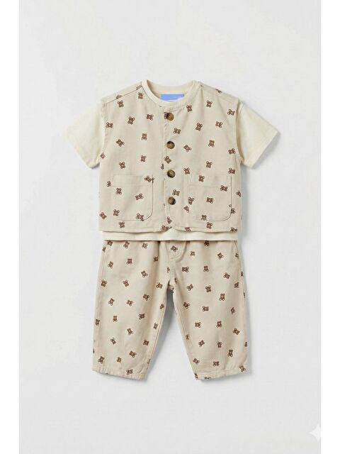Magu Unisex Çocuk Pamuklu Bej Ayıcık Desenli Düğmeli Cepli Yelek Pantolon Takım - S000492031-19928