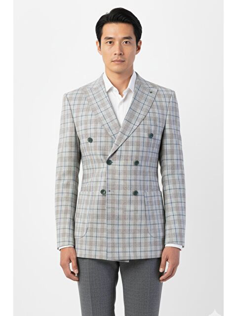 Sabri Özel Giotelli Açık Gri Regular Fit Sivri Yaka Kruvaze Ekose Casual Ceket - S000525092-20600