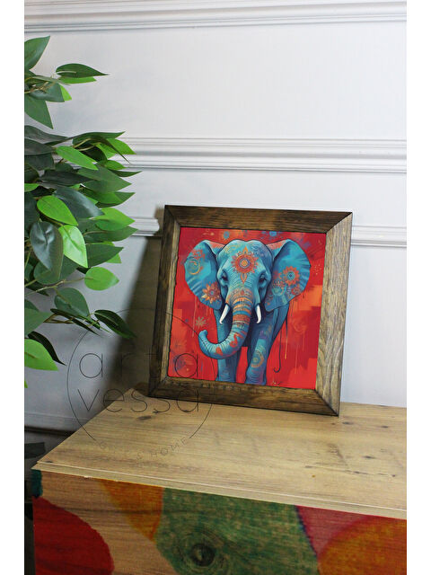 Artavessa Masif Ahşap Çerçeveli Taş Tablo Pano 16 x 16 cm - Fil - 26 x 26