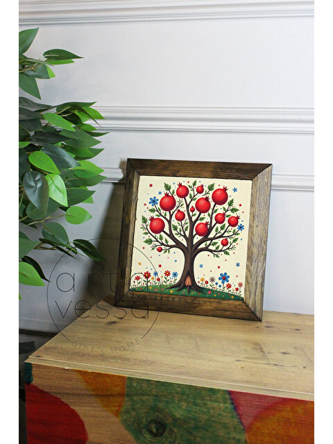 Artavessa Masif Ahşap Çerçeveli Taş Tablo Pano 26 x 26 cm - Nar Bereket Ağacı - 16 x 16