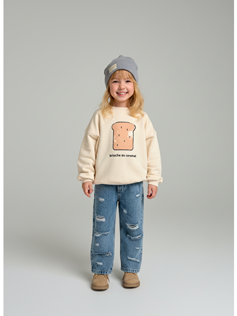 Magu Kız Çocuk Pamuklu Krem Baskılı Sweatshirt Ve Yırtık Detaylı Denim Pantolon Takım - S000492036-37243