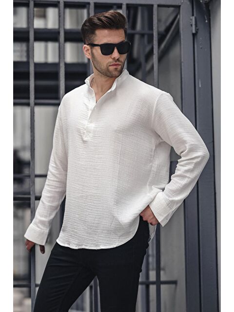Madmext Erkek Beyaz Müslin Uzun Kollu %100 Pamuk Gömlek 6742 - S000191767-20063