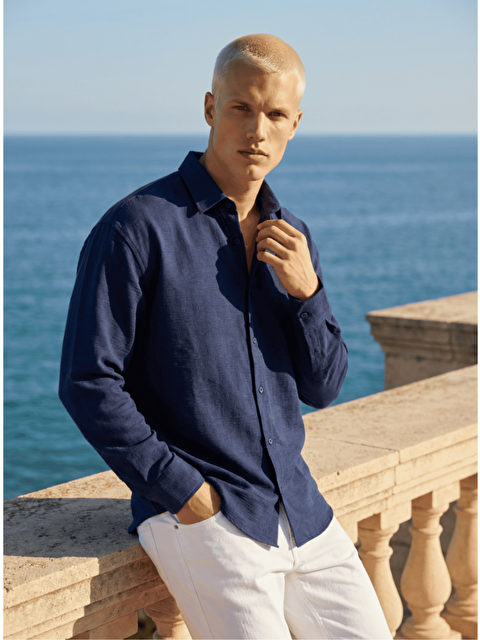 Danger Erkek Yarım Oversize Müslin Kumaş Pamuklu Gömlek Lacivert