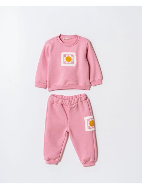 Magu Kız Çocuk Pamuklu Pembe Çiçek Patch Nakışlı Sweatshirt Ve Eşofman Takım - S000492044-20024
