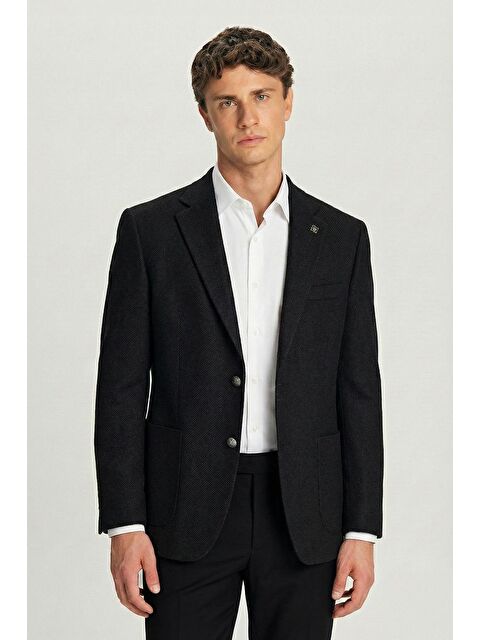 Sabri Özel Siyah Slim Fit Yün Karışımlı Mono Yaka Desenli Erkek Ceket - S000525097-19351
