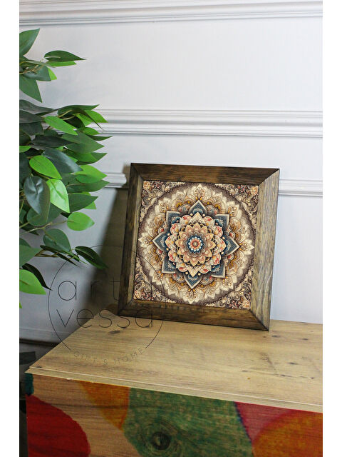 Artavessa Masif Ahşap Çerçeveli Taş Tablo Pano 16 x 16 cm - Mandala 1 - 26 x 26