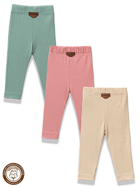 Mahfel 3 lü Krem Pembe Yeşil Renkli Bebek Çocuk Tayt - S000355203-18194