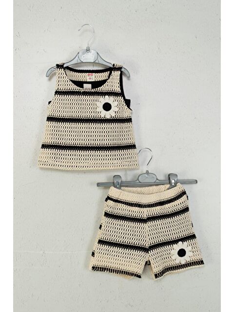 Magu Kız Çocuk Pamuklu Krem Siyah Çizgili Papatya Aplikeli Şortlu Takım - S000492052-37243