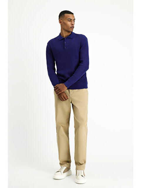 Kiğılı Polo Yaka Slim Fit Dar Kesim Desenli Pamuklu Triko Kazak