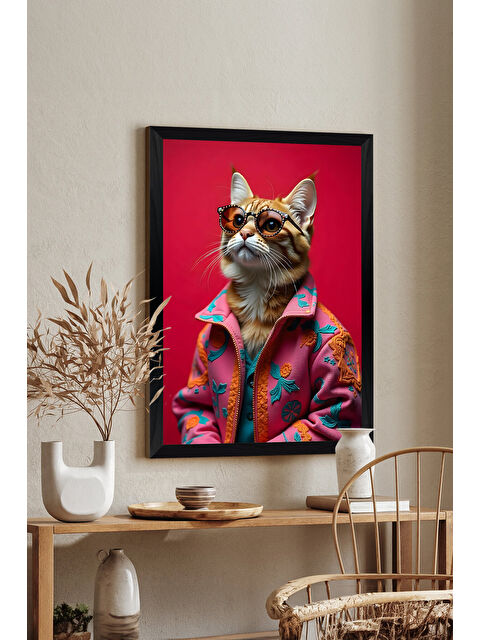 Artavessa Tek Parça Siyah Çerçeve Görünümlü Kedi Baskılı MDF 20x30 cm Tablo - Model 28