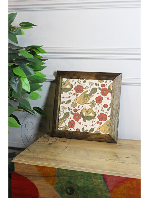 Artavessa Masif Ahşap Çerçeveli Taş Tablo Pano 26 x 26 cm - Bahar ve Kuşlar 4 - 16 x 16