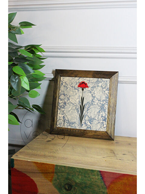 Artavessa Masif Ahşap Çerçeveli Taş Tablo Pano 26 x 26 cm - Ebru Sanatı 2 - 26 x 26