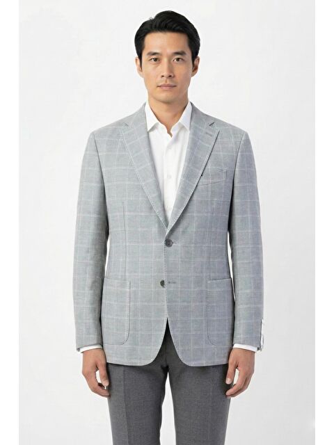 Sabri Özel Gri Regular Fit Pamuklu Mono Yaka Ekose Desenli Ceket - S000525101-20600