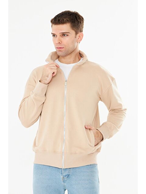 TRENDHILL Erkek Tam Fermuarlı Pamuklu Eşofman Üstü Bej 9507-B - S000522183-19928
