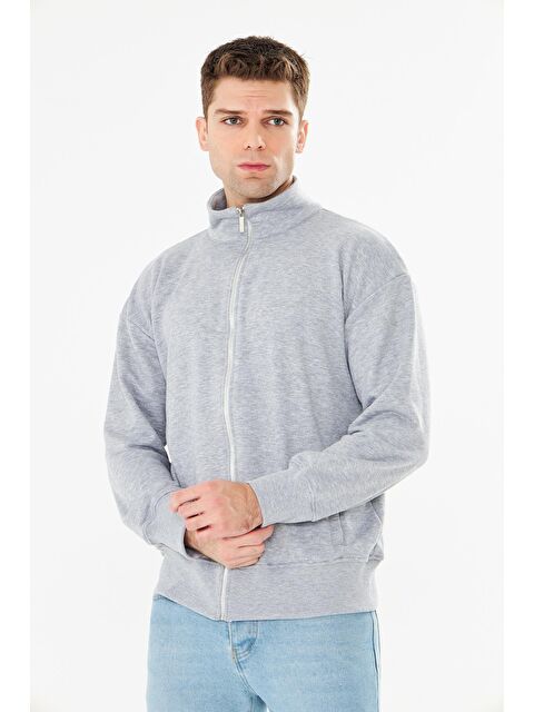 TRENDHILL Erkek Tam Fermuarlı Pamuklu Eşofman Üstü Gri Melanj 9507-G - S000522183-74