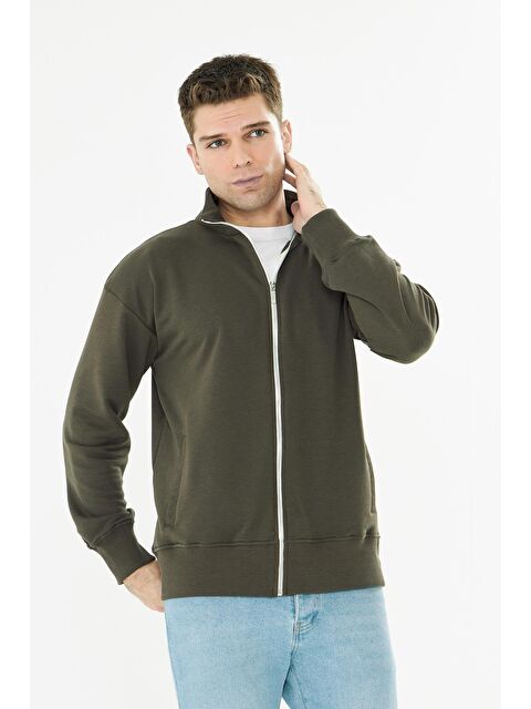 TRENDHILL Erkek Tam Fermuarlı Pamuklu Eşofman Üstü Haki 9507-H - S000522183-18547