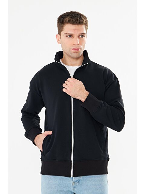 TRENDHILL Erkek Tam Fermuarlı Pamuklu Eşofman Üstü Siyah 9507-S - S000522183-19351