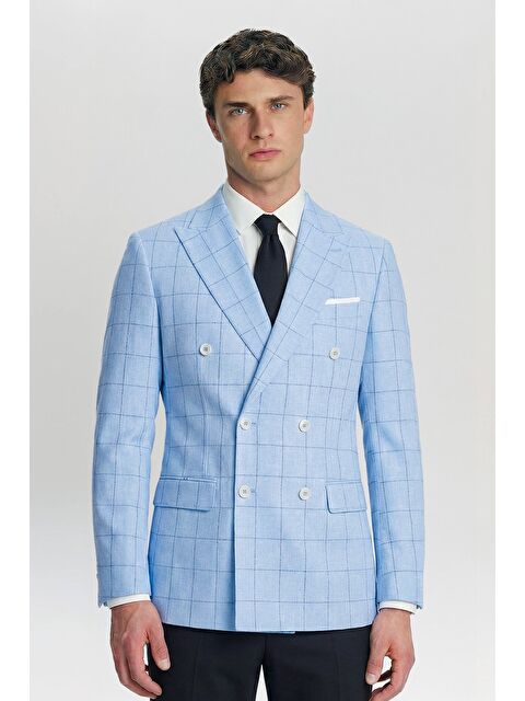Sabri Özel Giotelli Mavi Ekose Sivri Yaka Roma Kalıp 6 Drop Astarsız Erkek Ceket - S000525106-17234