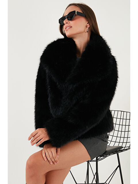 Lela Oversize Fit Gömlek Yaka Cepli Astarlı Kürk Mont 497BERRY - S000444282-19351