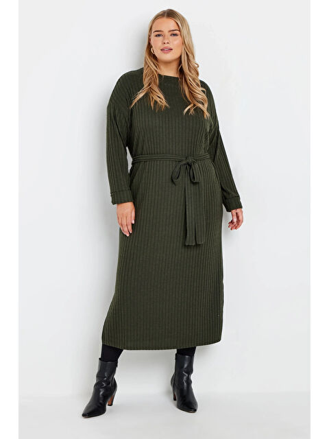 Stil Diva Büyük Beden Kuşaklı Düz Kesim Fitilli Uzun Kollu Astarsız Midi Elbise 322196 - S000299806-18547