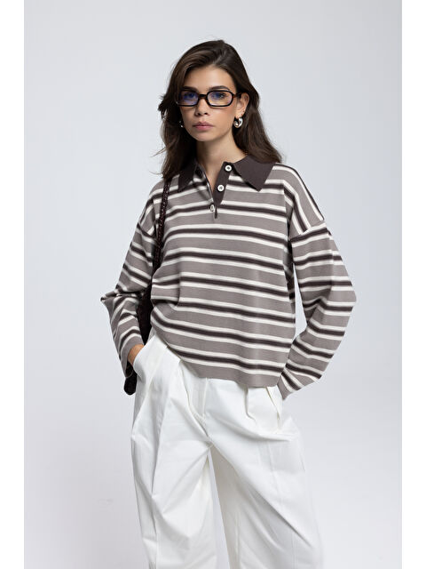 Mai Collection Moss Çizgili Vizon Polo Yaka Triko Kazak - S000511584-26429