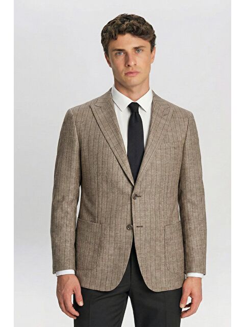Sabri Özel Giotelli Erkek Bej Roma Kalıp Çizgili Sivri Yaka 6 Drop Astarsız Standart Boy Ceket - S000525107-19928