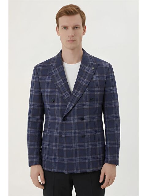 Sabri Özel Giotelli Koyu Lacivert-Bordo Yün Karışımlı 6 Drop Erkek Ceket - S000525108-37342