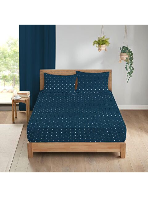 Evmila Üçgen Desen Baskılı Çift Kişilik 180x200 cm Çarşaf Seti - Lacivert - S000130738-23173