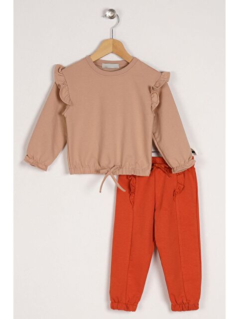 Zepkids Bisiklet Yaka Uzun Kol Pantolonu Dikiş Detaylı Bej Renk Kız Çocuk Esofman Takım - S000355857-19928